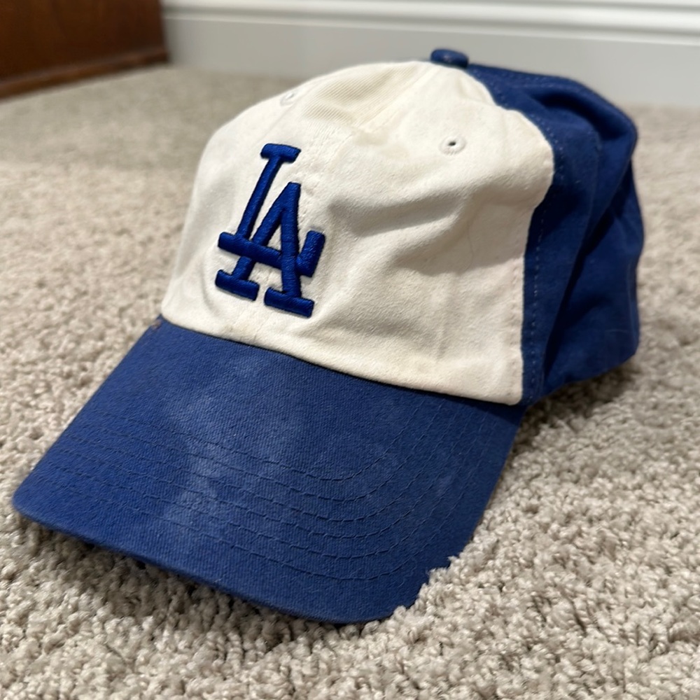 Los Angeles Dodgers Hat. Adjustable. White and blue. Worn.